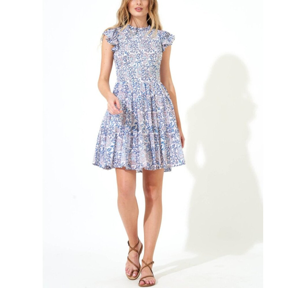 Oliphant Smocked Flirty Short Dress Blue Malta Block Print Cotton Tuckernuck XS